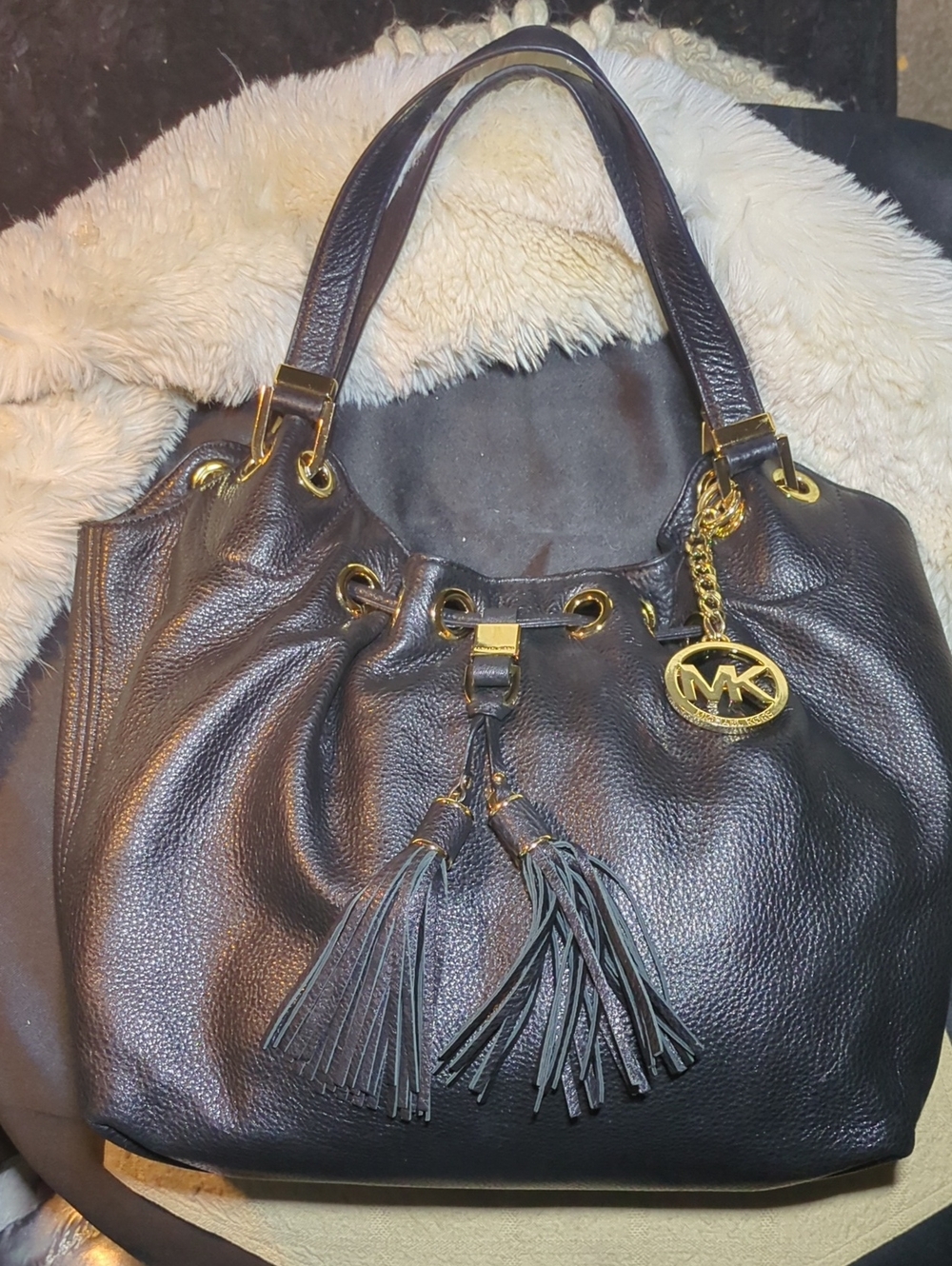 Michael Kors Black Pebbled Leather Shoulder Hobo w/ Gold MK Charm & Tassels $110